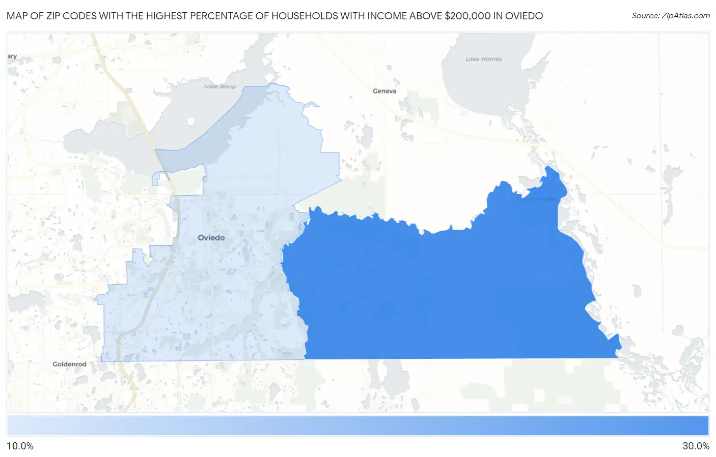 Zip Codes with the Highest Percentage of Households with Income Above $200,000 in Oviedo Map