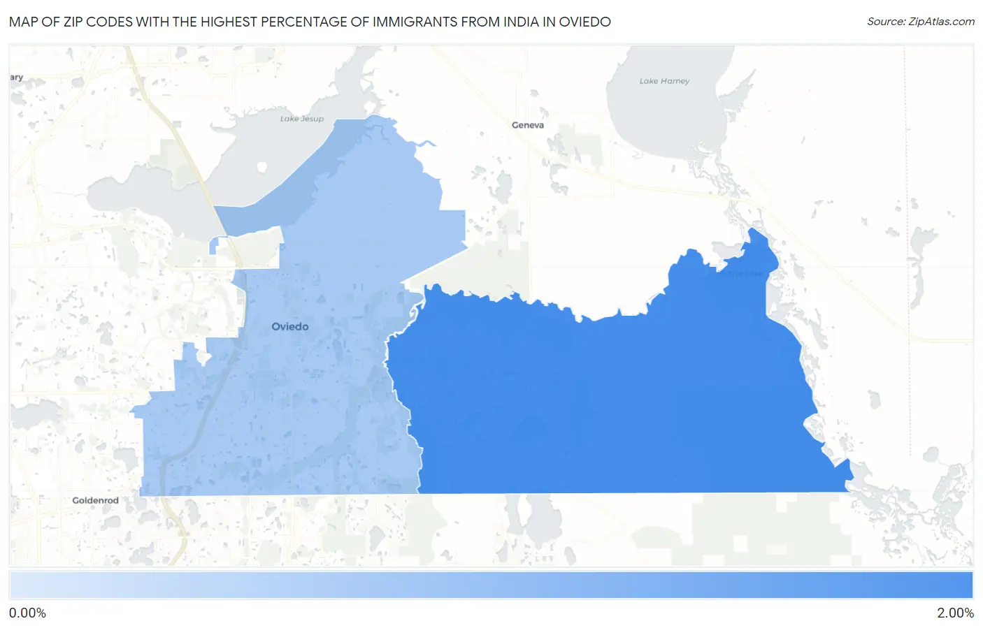 Zip Codes with the Highest Percentage of Immigrants from India in Oviedo Map