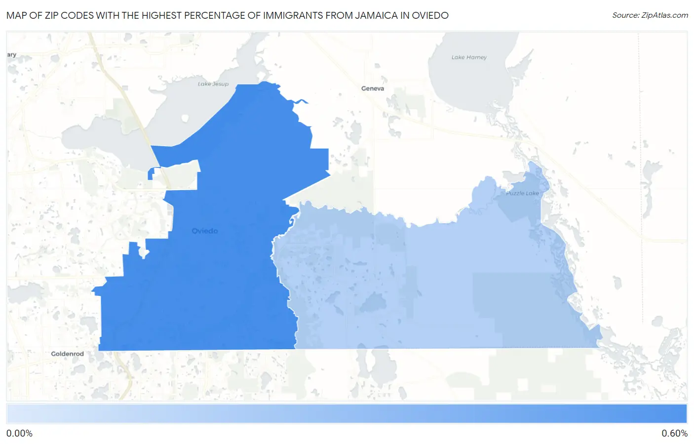 Zip Codes with the Highest Percentage of Immigrants from Jamaica in Oviedo Map