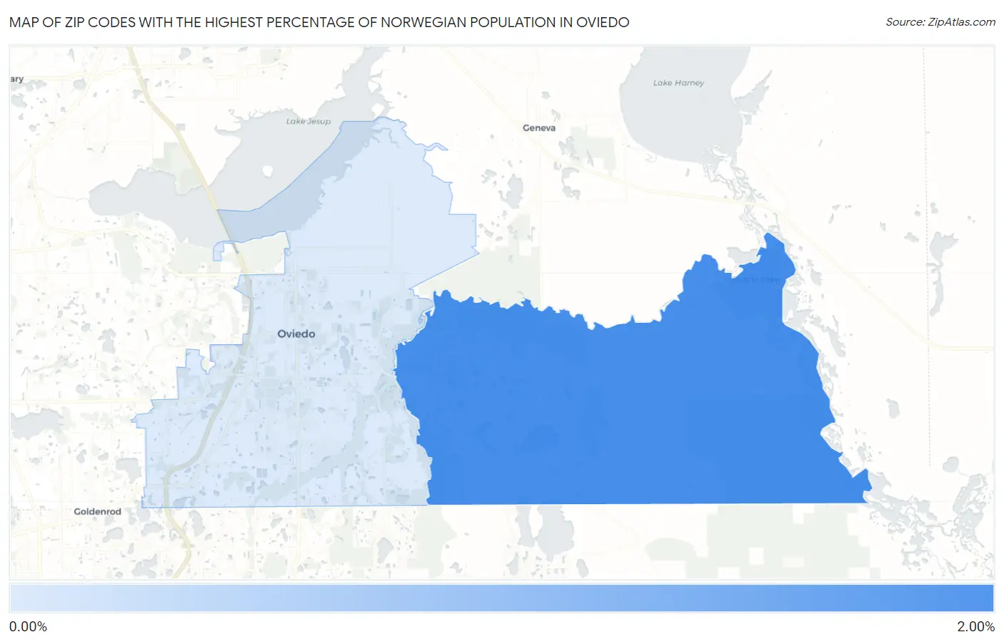 Zip Codes with the Highest Percentage of Norwegian Population in Oviedo Map