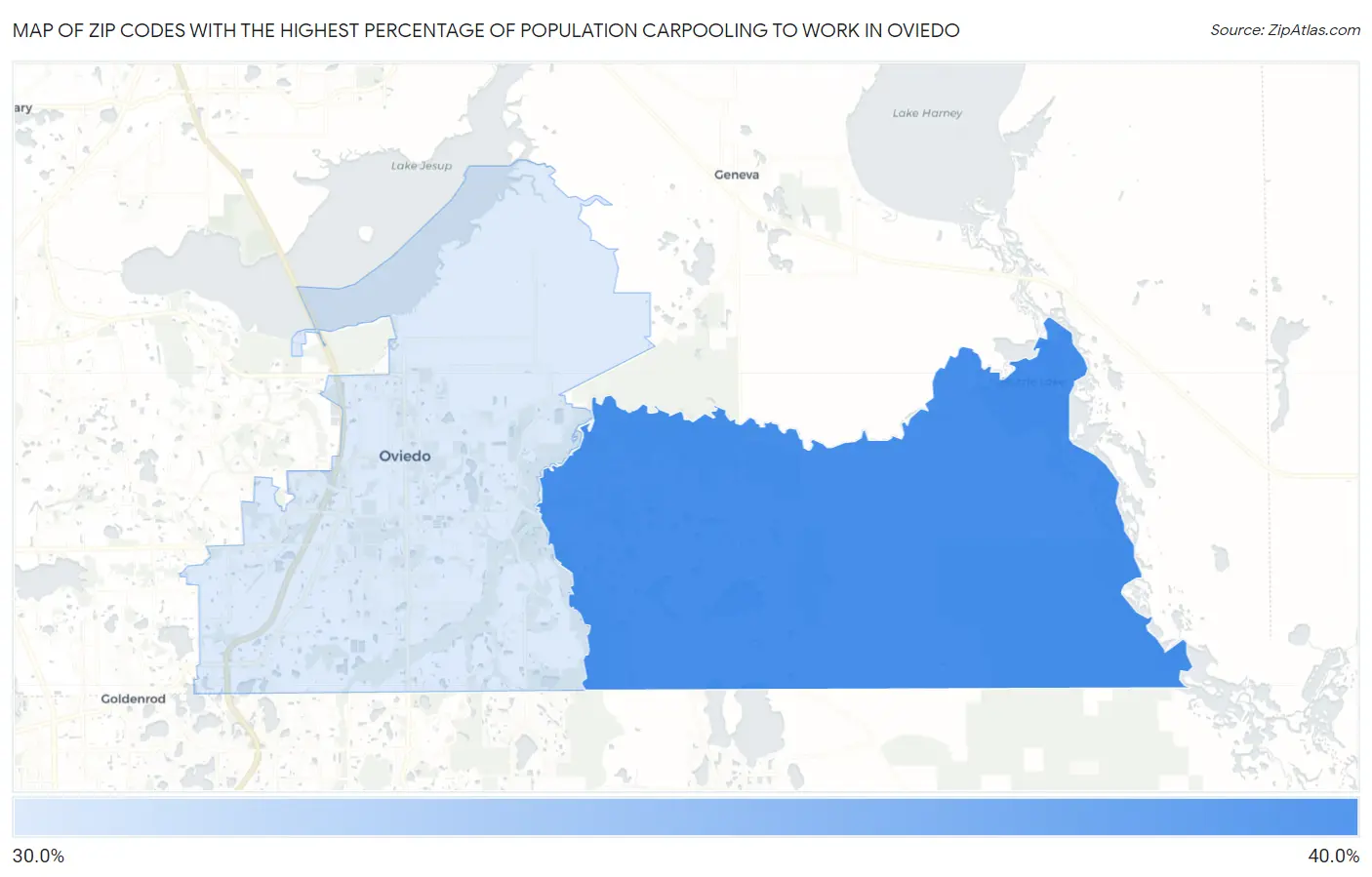 Zip Codes with the Highest Percentage of Population Carpooling to Work in Oviedo Map