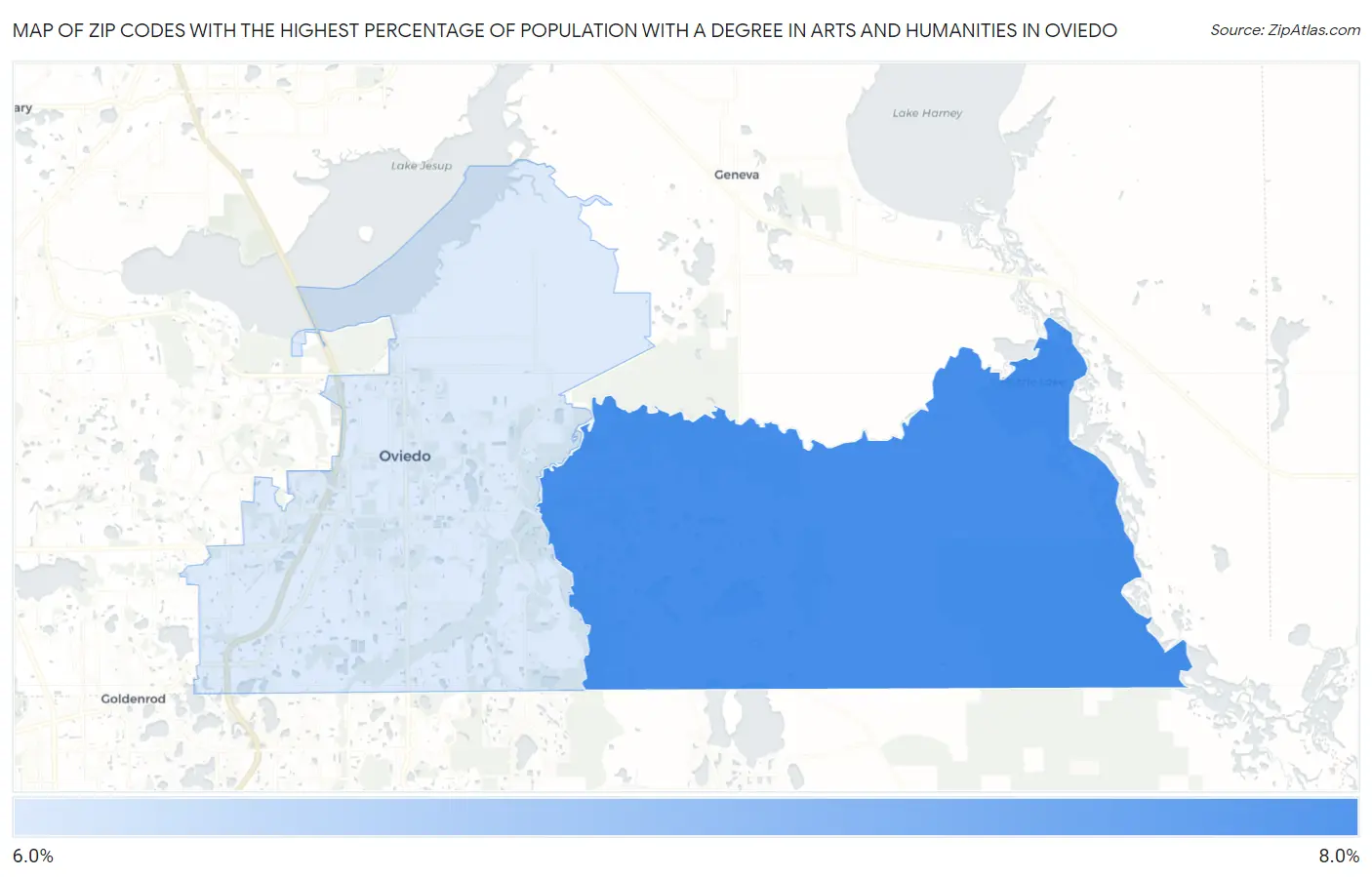 Zip Codes with the Highest Percentage of Population with a Degree in Arts and Humanities in Oviedo Map