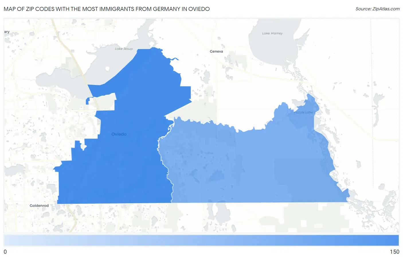 Zip Codes with the Most Immigrants from Germany in Oviedo Map