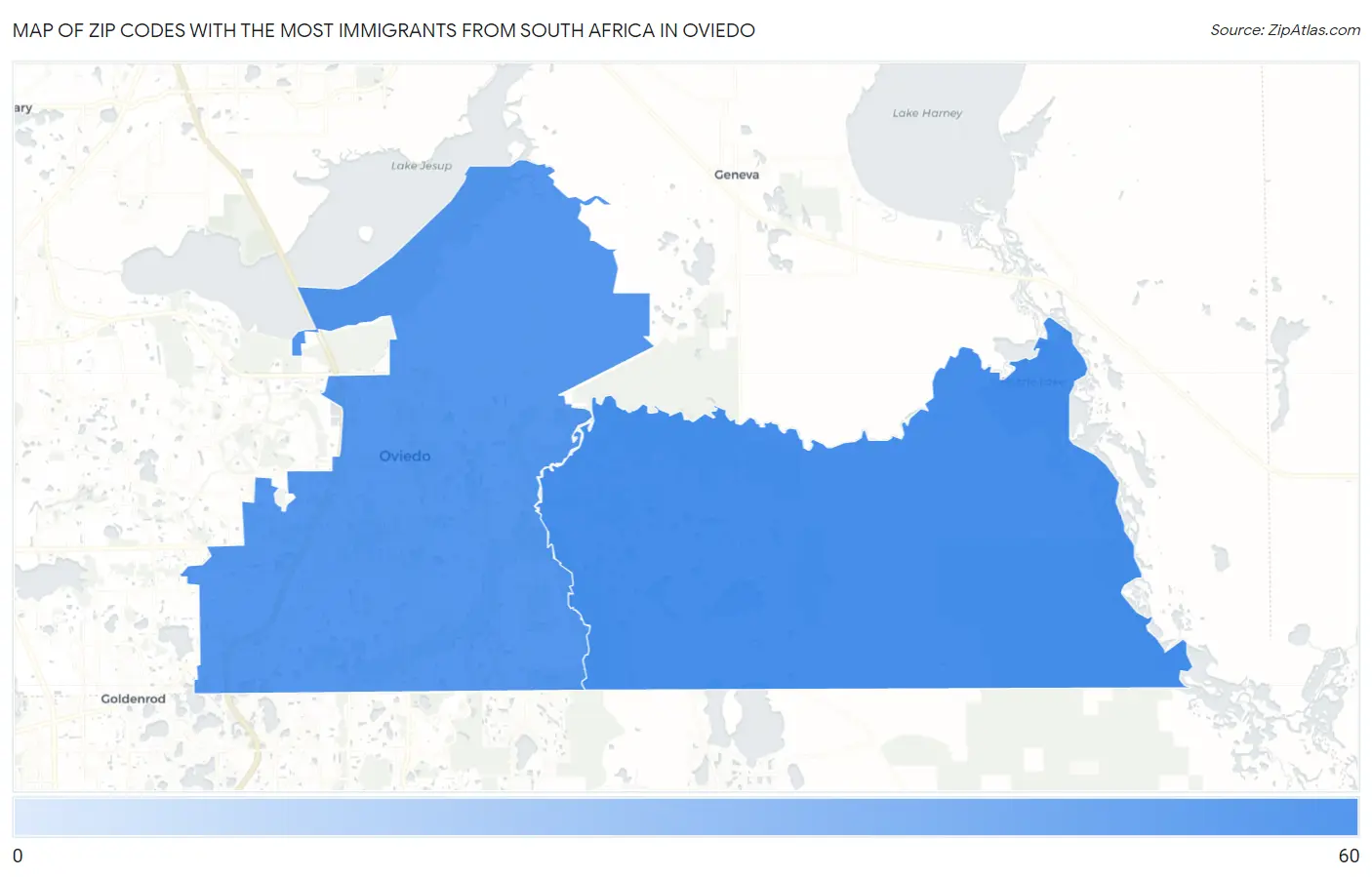 Zip Codes with the Most Immigrants from South Africa in Oviedo Map