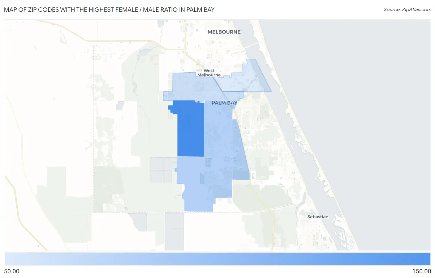 Zip Codes with the Highest Female / Male Ratio in Palm Bay Map