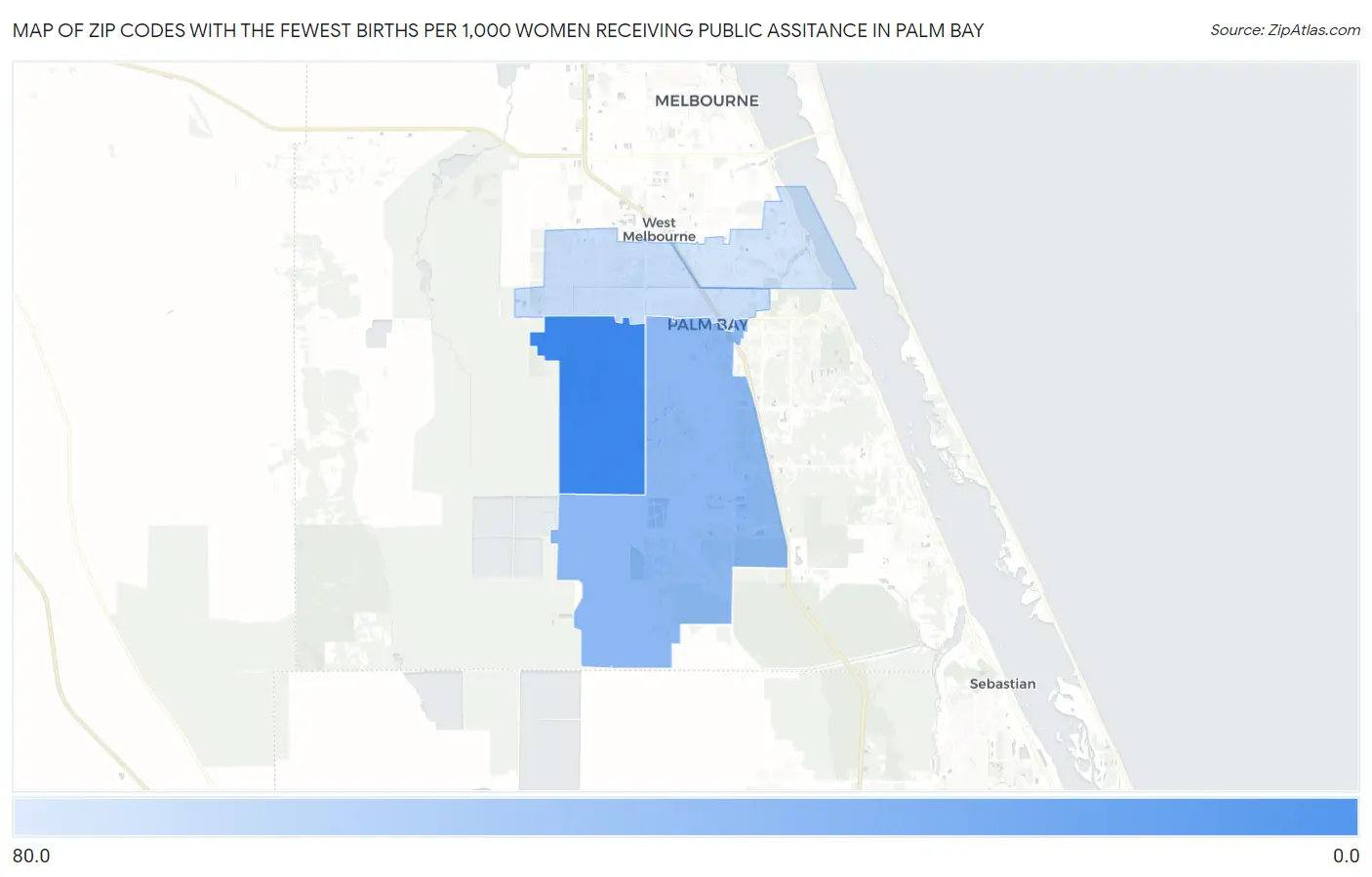 Zip Codes with the Fewest Births per 1,000 Women Receiving Public Assitance in Palm Bay Map
