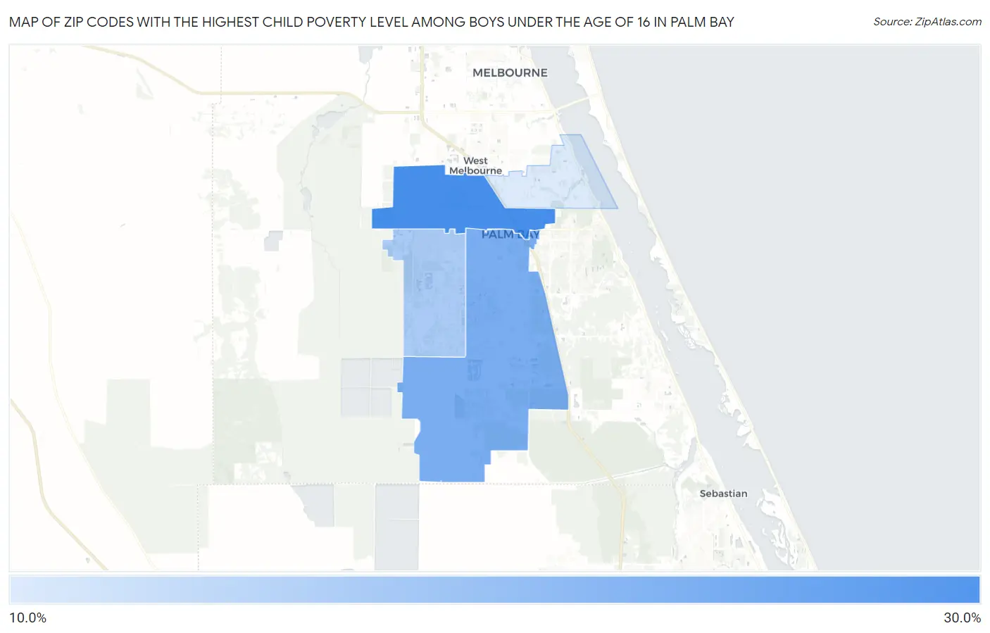 Zip Codes with the Highest Child Poverty Level Among Boys Under the Age of 16 in Palm Bay Map
