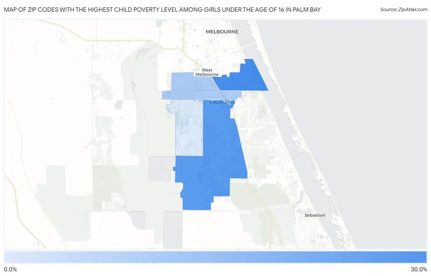 Zip Codes with the Highest Child Poverty Level Among Girls Under the Age of 16 in Palm Bay Map