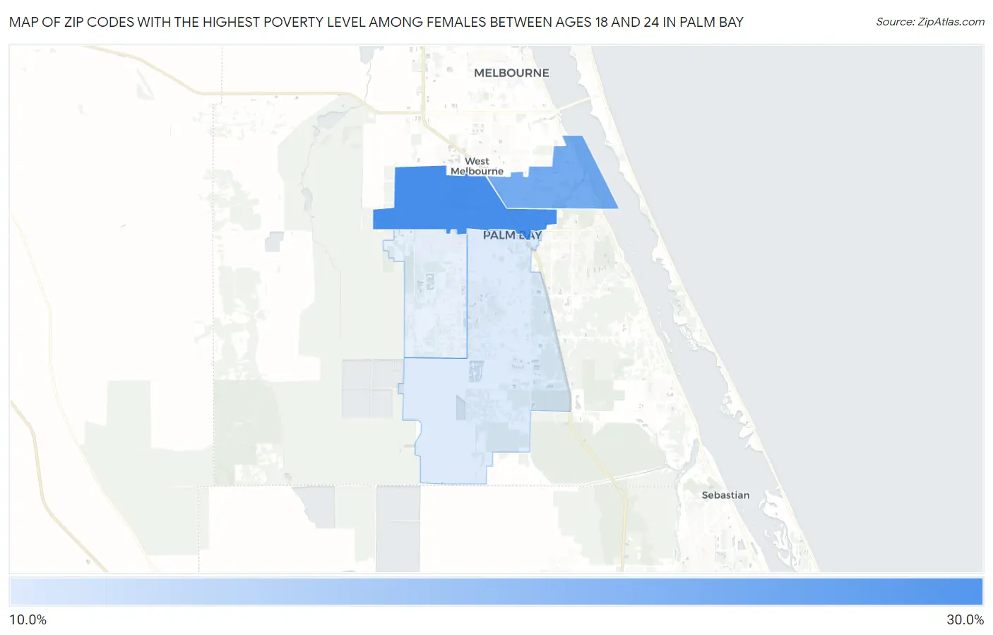 Zip Codes with the Highest Poverty Level Among Females Between Ages 18 and 24 in Palm Bay Map