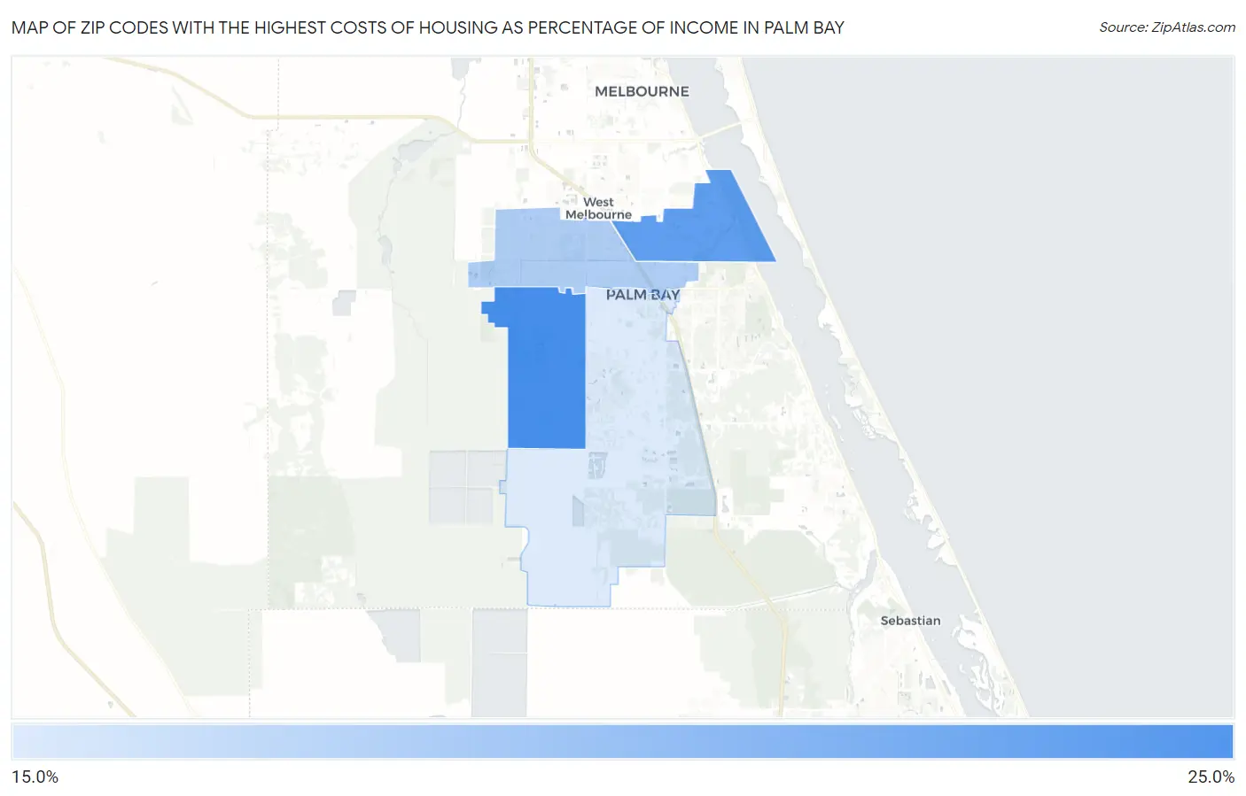 Zip Codes with the Highest Costs of Housing as Percentage of Income in Palm Bay Map