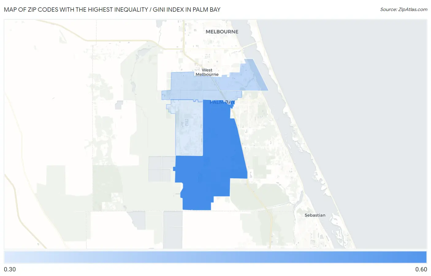 Zip Codes with the Highest Inequality / Gini Index in Palm Bay Map