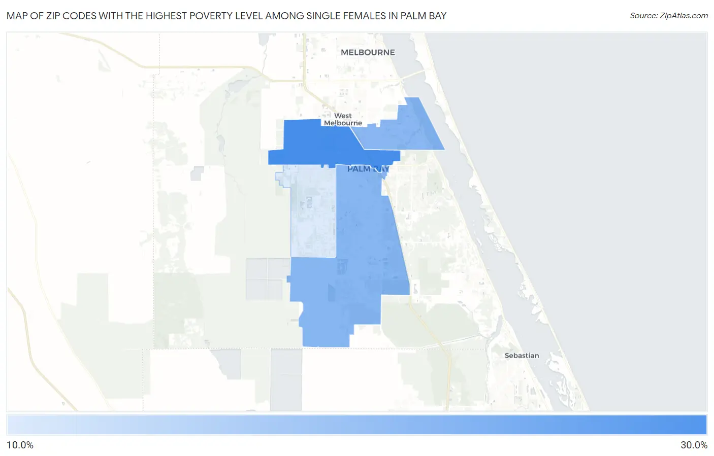 Zip Codes with the Highest Poverty Level Among Single Females in Palm Bay Map