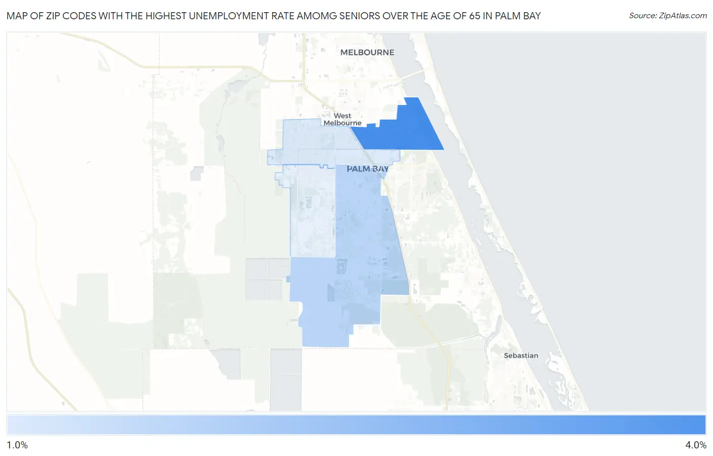 Zip Codes with the Highest Unemployment Rate Amomg Seniors Over the Age of 65 in Palm Bay Map