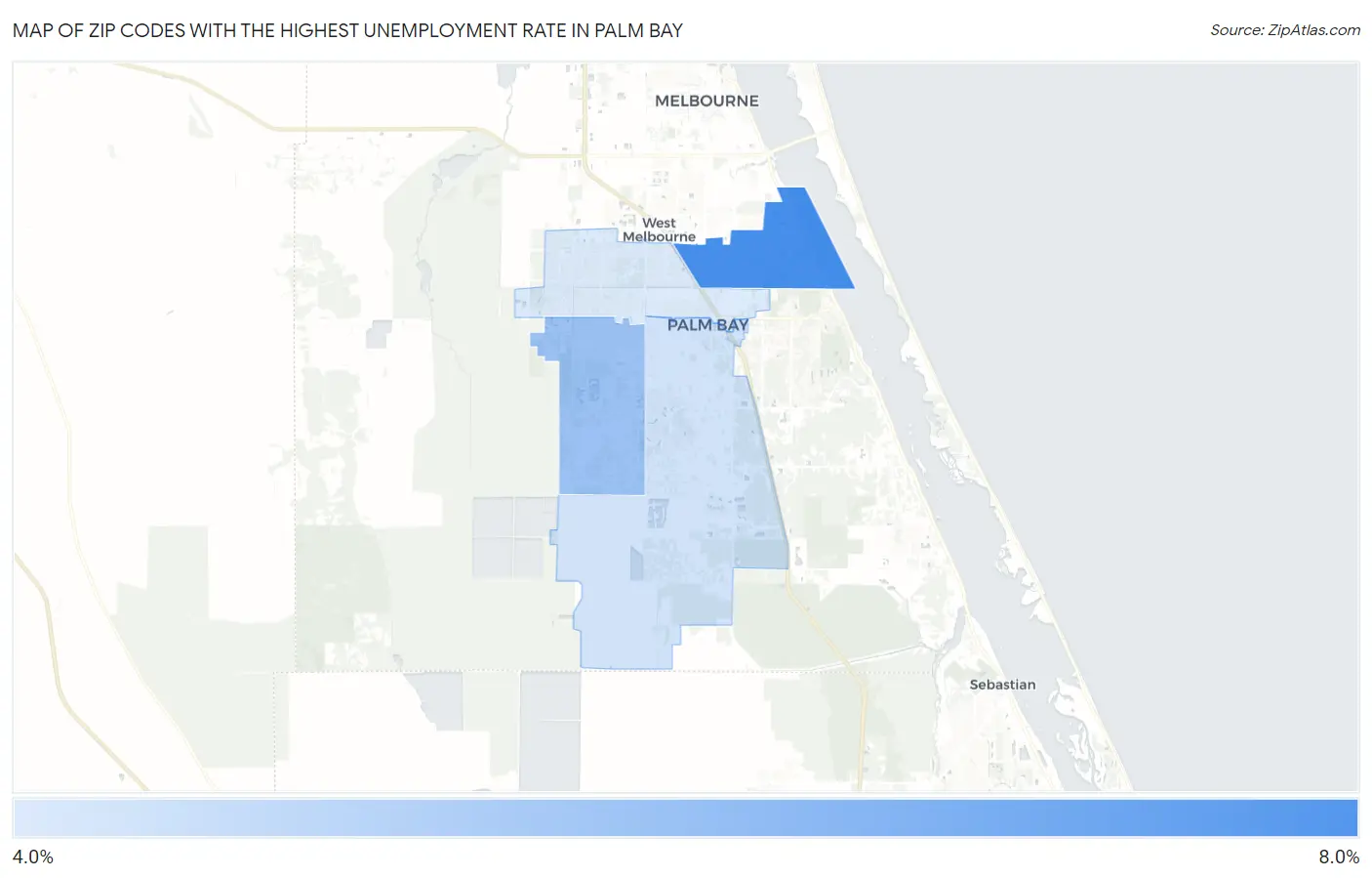 Zip Codes with the Highest Unemployment Rate in Palm Bay Map