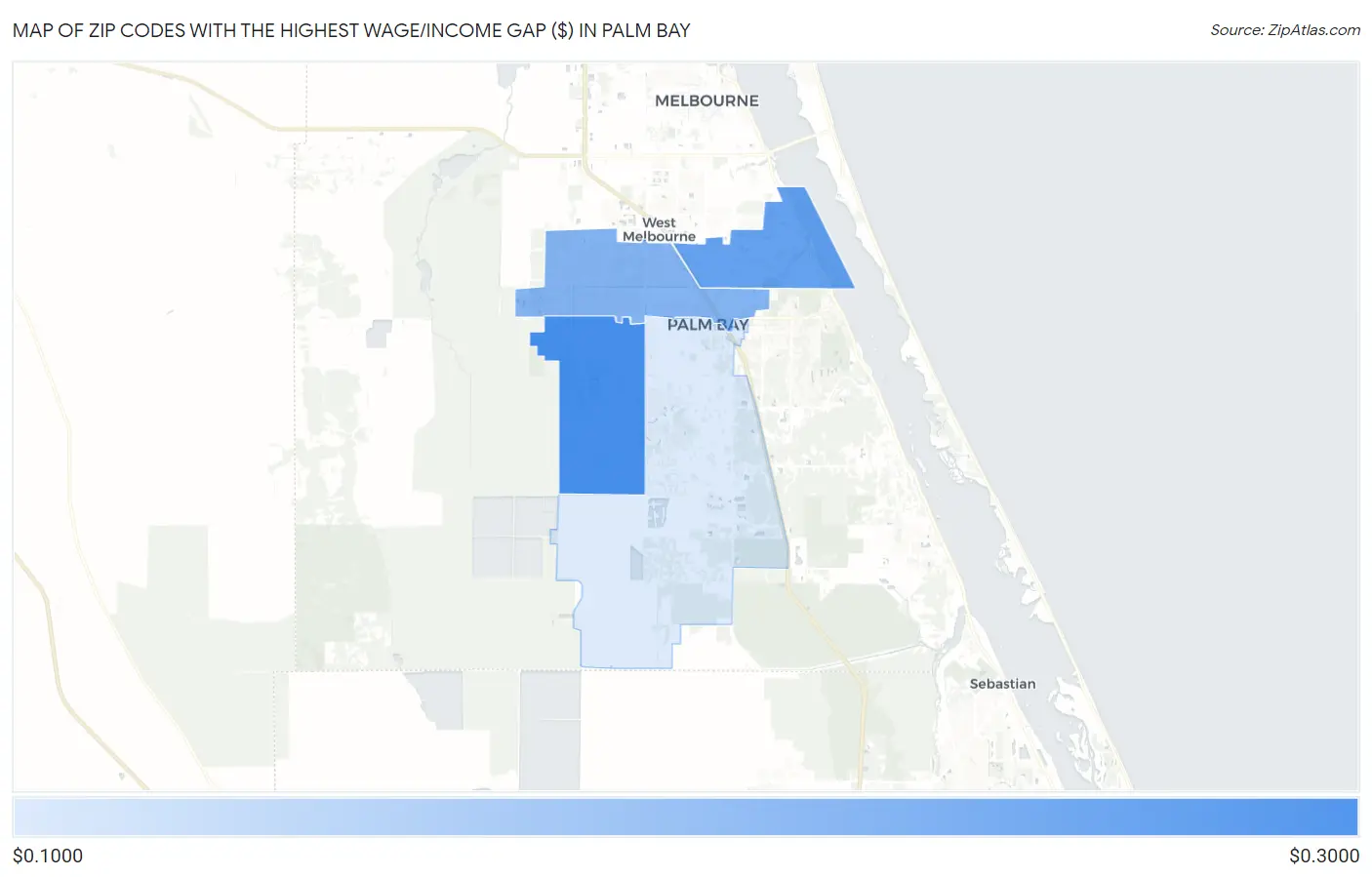 Zip Codes with the Highest Wage/Income Gap ($) in Palm Bay Map