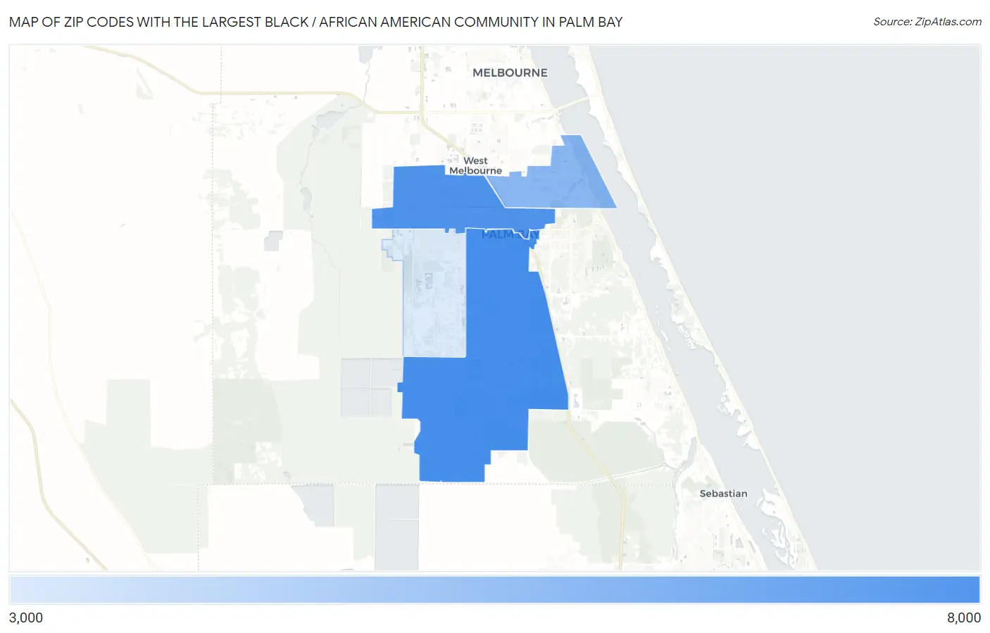 Zip Codes with the Largest Black / African American Community in Palm Bay Map