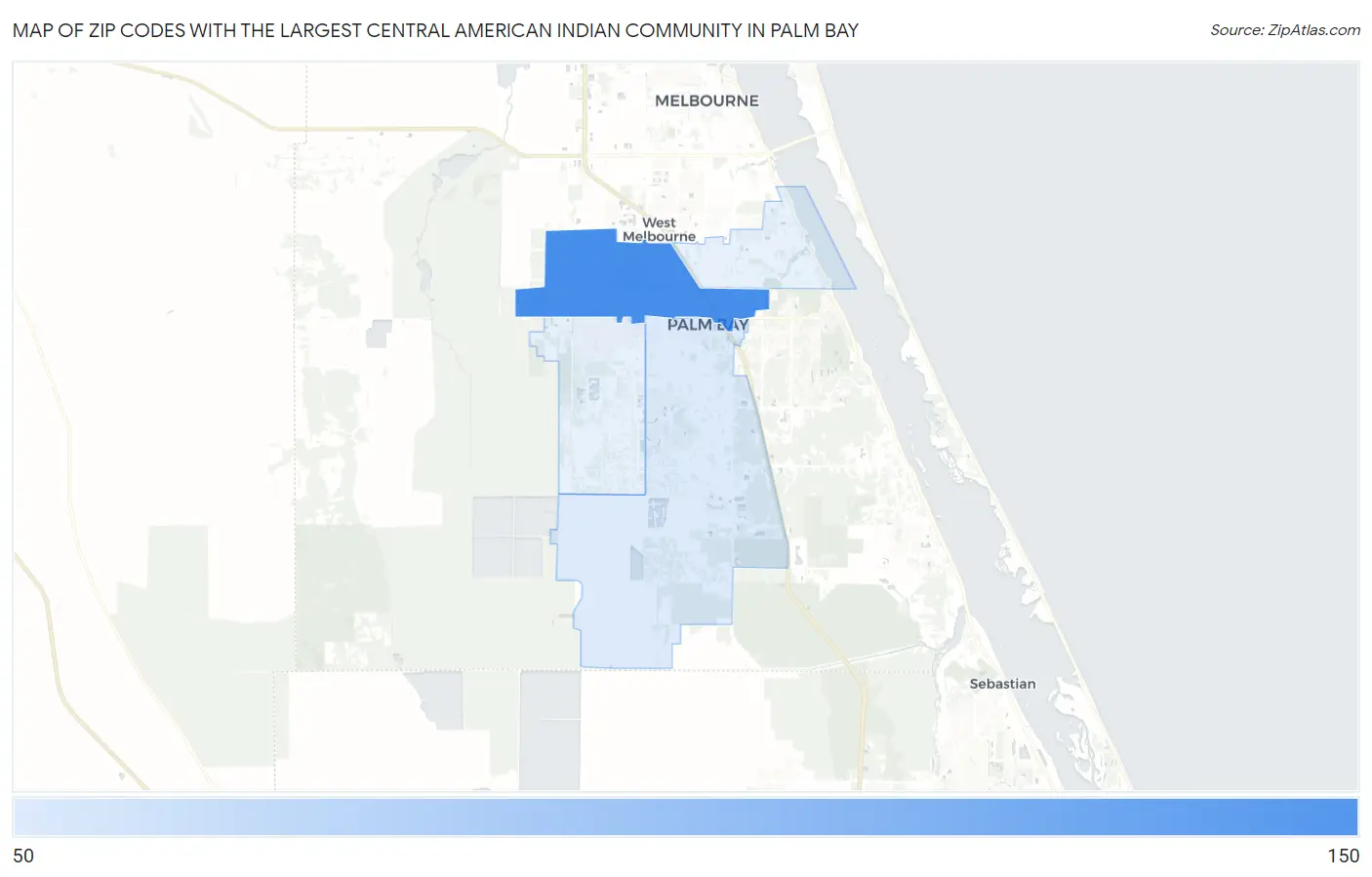 Zip Codes with the Largest Central American Indian Community in Palm Bay Map