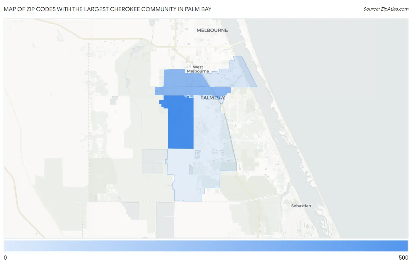 Zip Codes with the Largest Cherokee Community in Palm Bay Map
