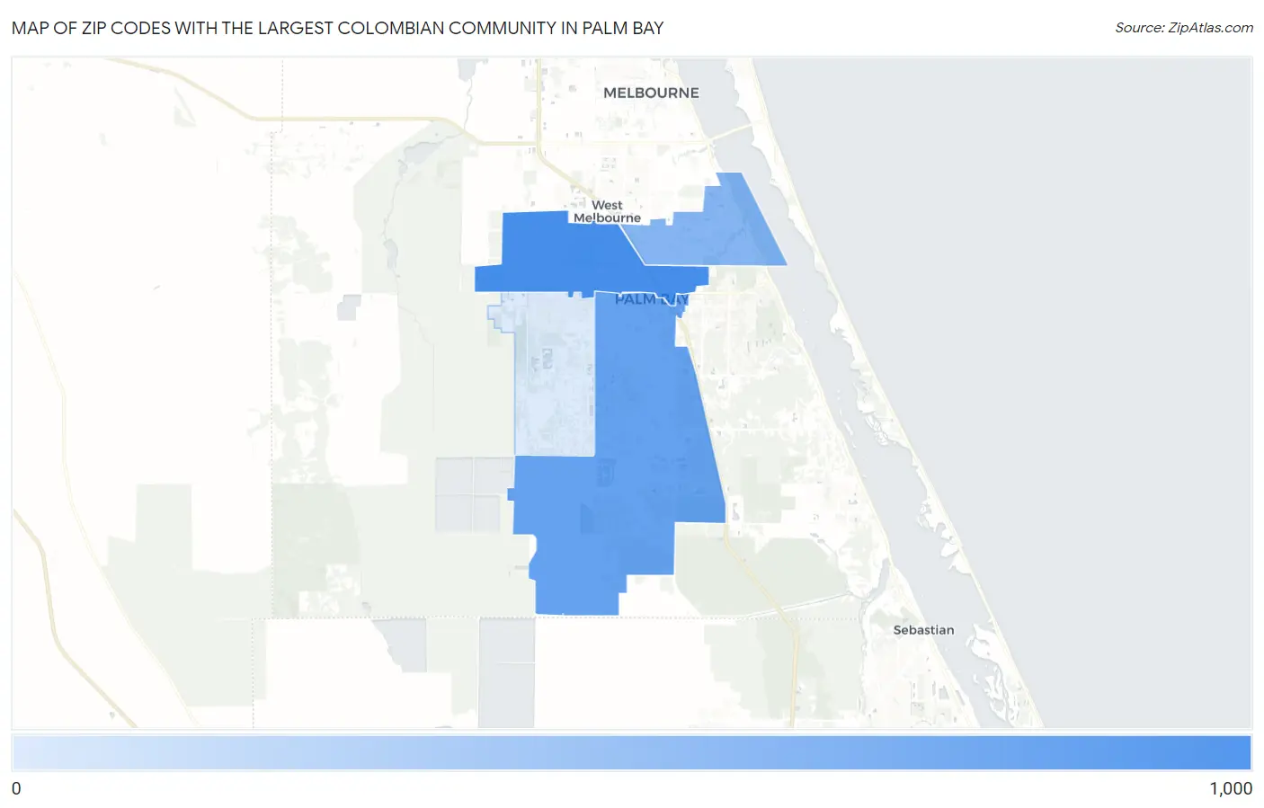 Zip Codes with the Largest Colombian Community in Palm Bay Map
