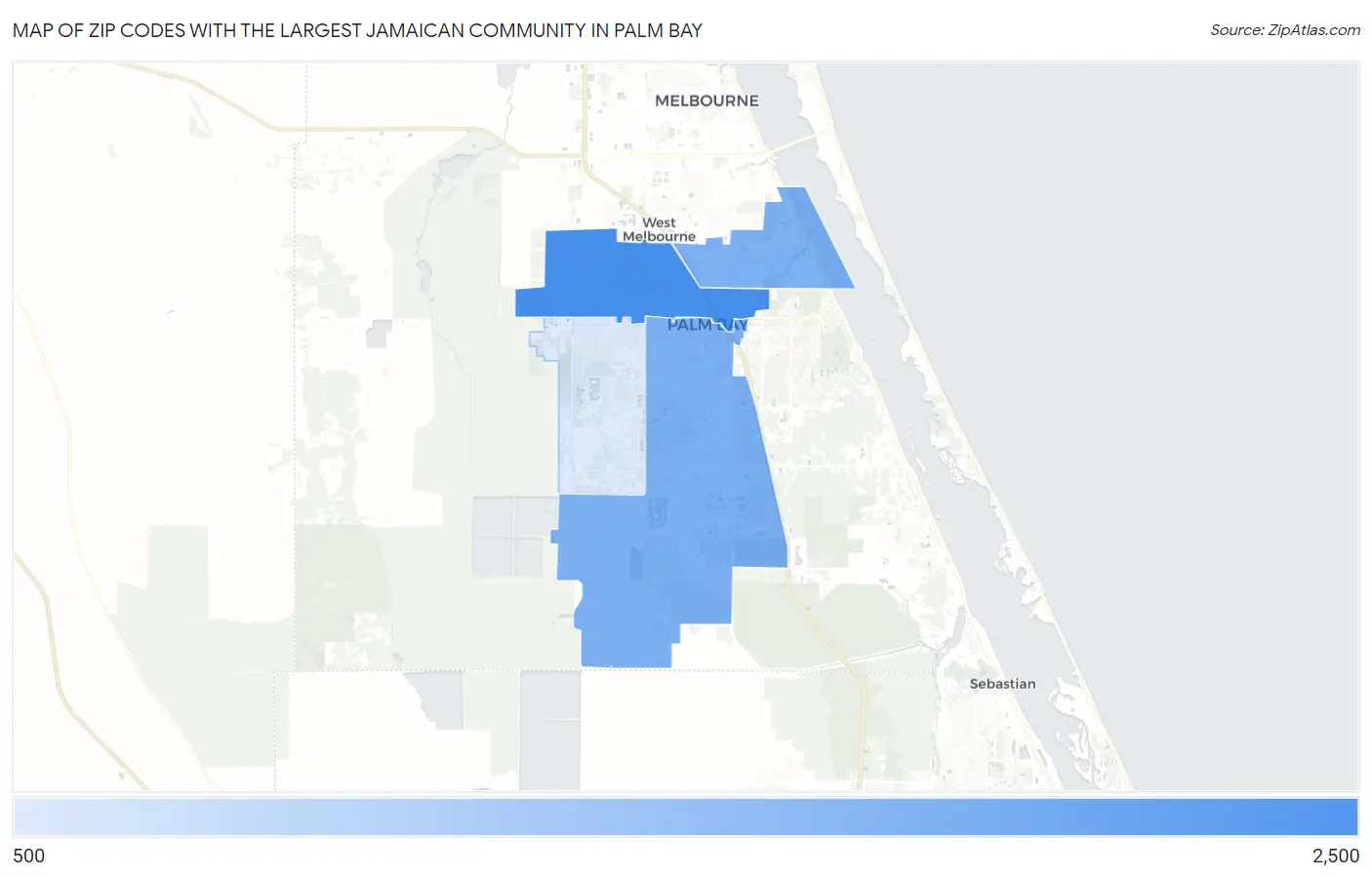 Zip Codes with the Largest Jamaican Community in Palm Bay Map