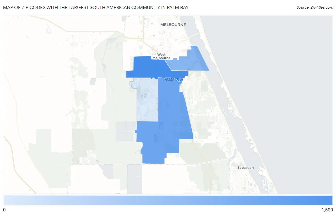 Zip Codes with the Largest South American Community in Palm Bay Map