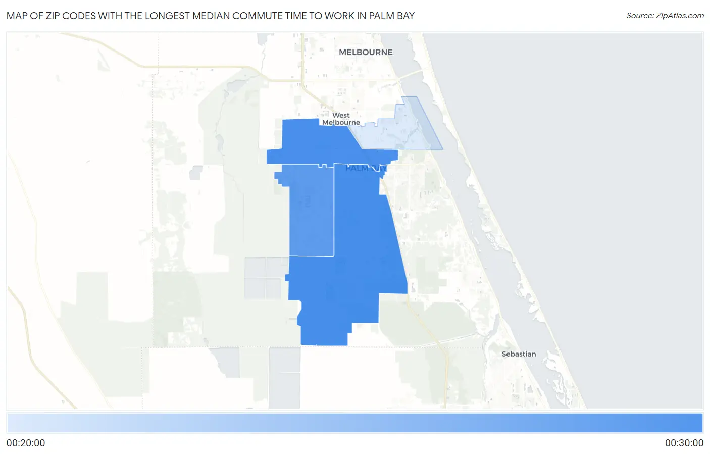 Zip Codes with the Longest Median Commute Time to Work in Palm Bay Map