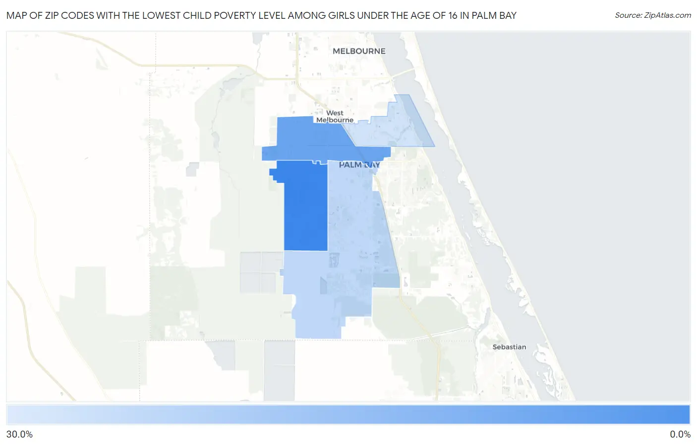 Zip Codes with the Lowest Child Poverty Level Among Girls Under the Age of 16 in Palm Bay Map