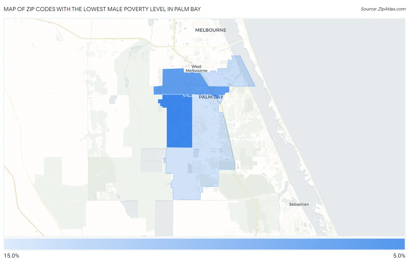 Zip Codes with the Lowest Male Poverty Level in Palm Bay Map