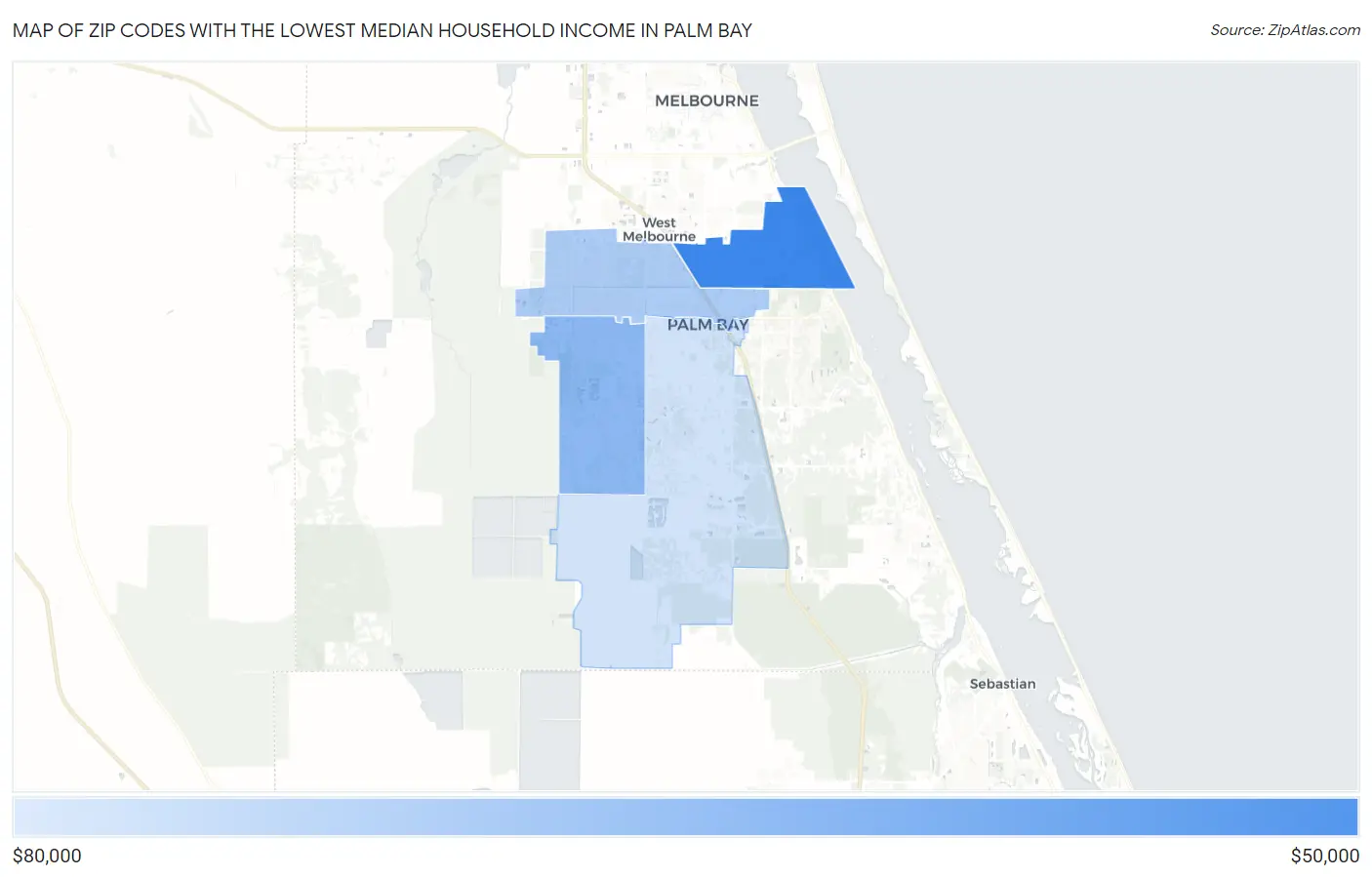 Zip Codes with the Lowest Median Household Income in Palm Bay Map