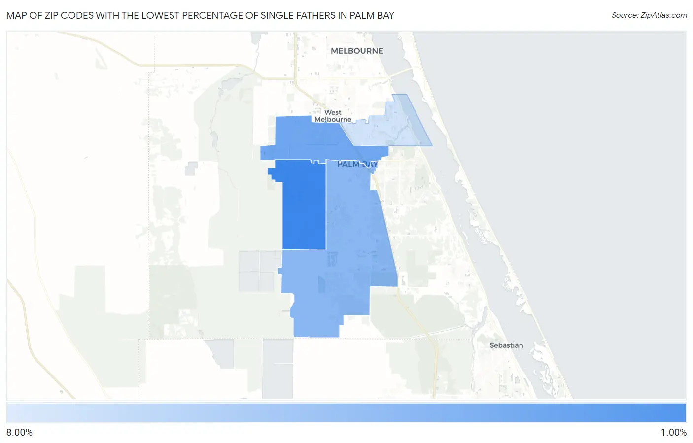 Zip Codes with the Lowest Percentage of Single Fathers in Palm Bay Map