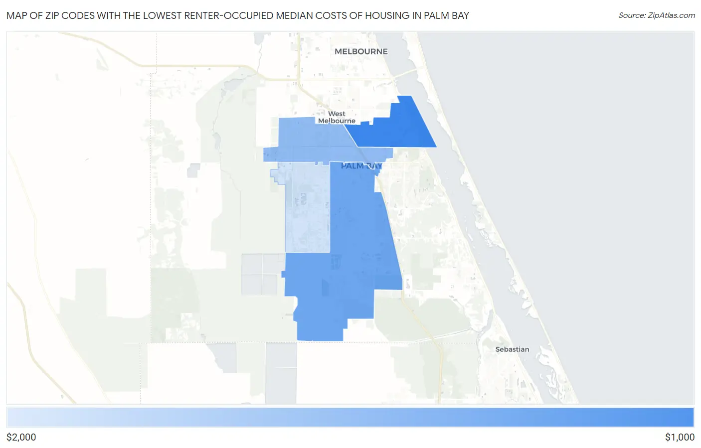 Zip Codes with the Lowest Renter-Occupied Median Costs of Housing in Palm Bay Map