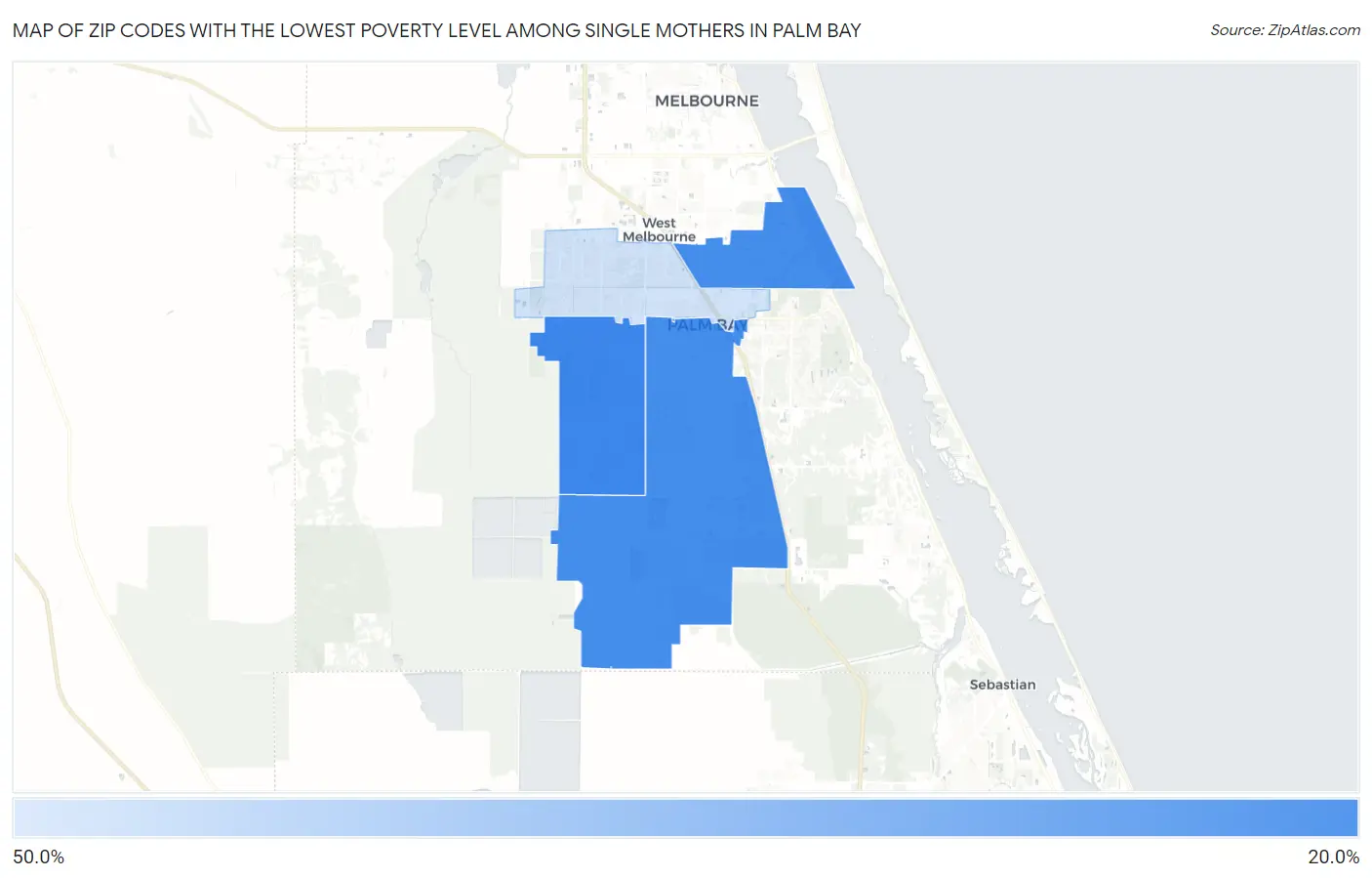 Zip Codes with the Lowest Poverty Level Among Single Mothers in Palm Bay Map