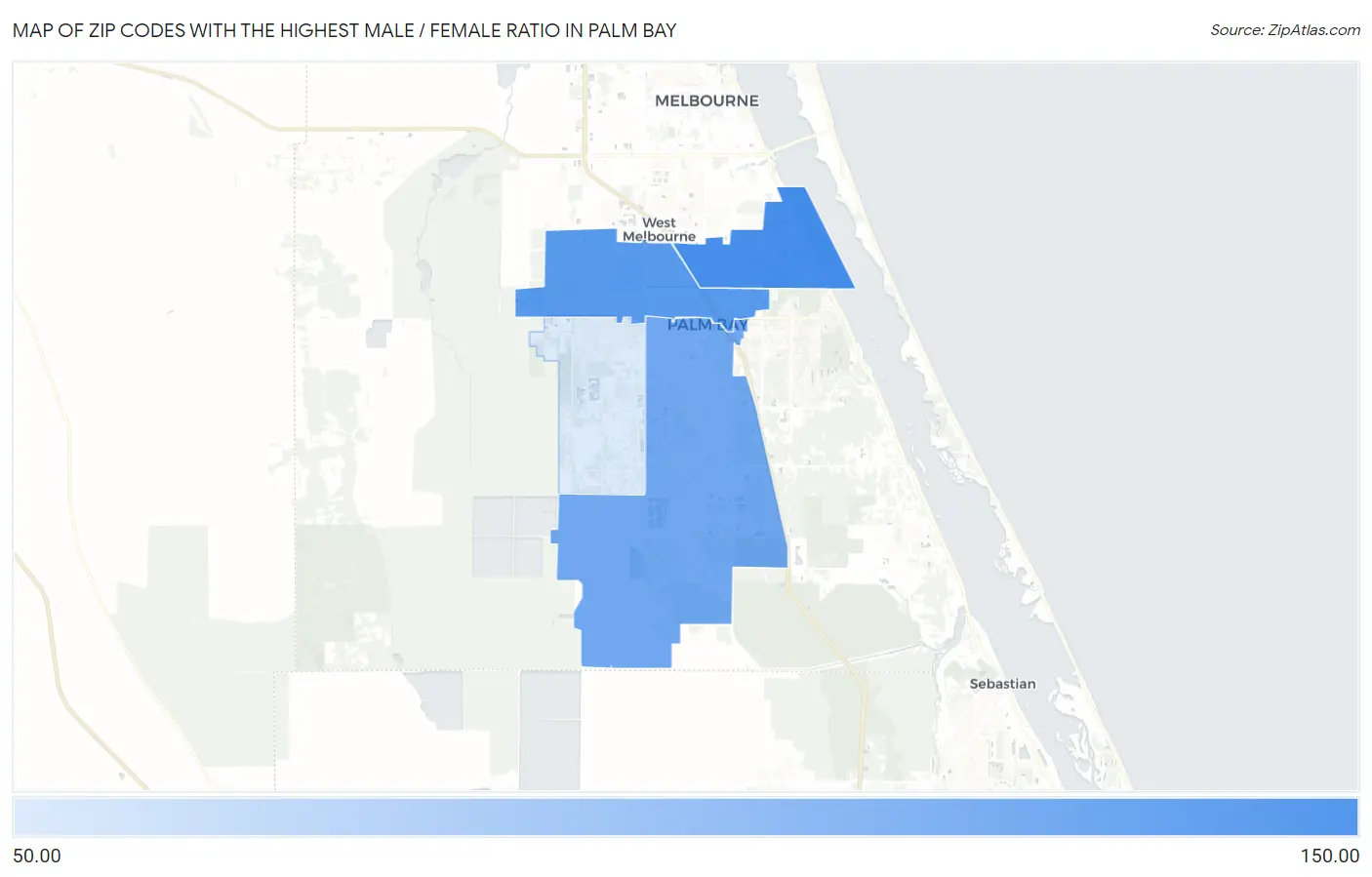 Zip Codes with the Highest Male / Female Ratio in Palm Bay Map