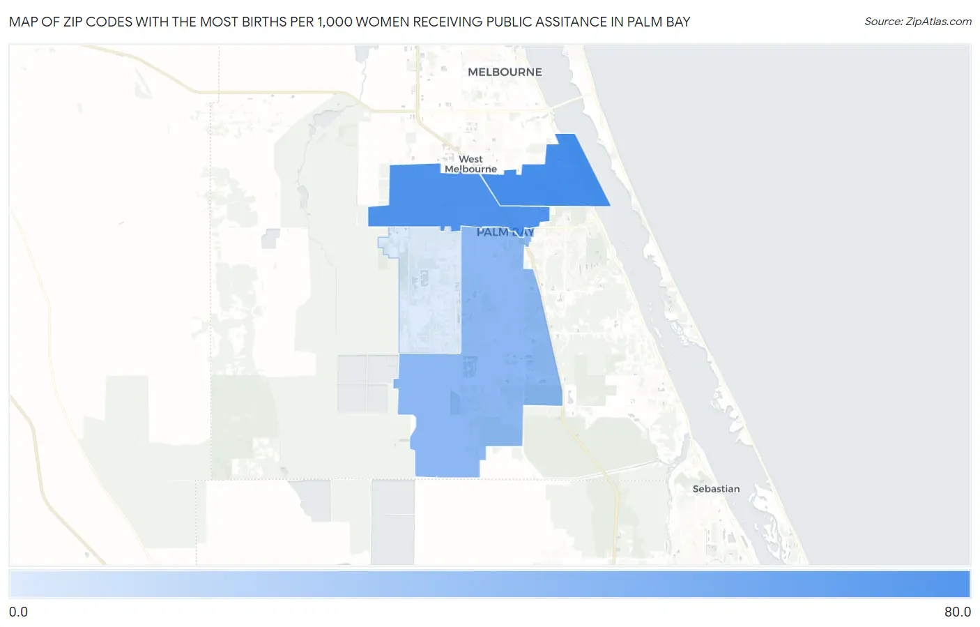 Zip Codes with the Most Births per 1,000 Women Receiving Public Assitance in Palm Bay Map