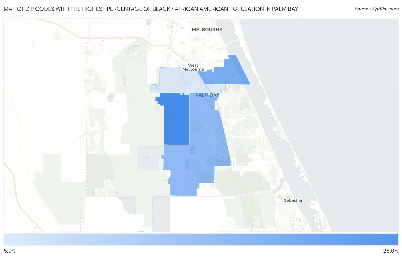 Zip Codes with the Highest Percentage of Black / African American Population in Palm Bay Map