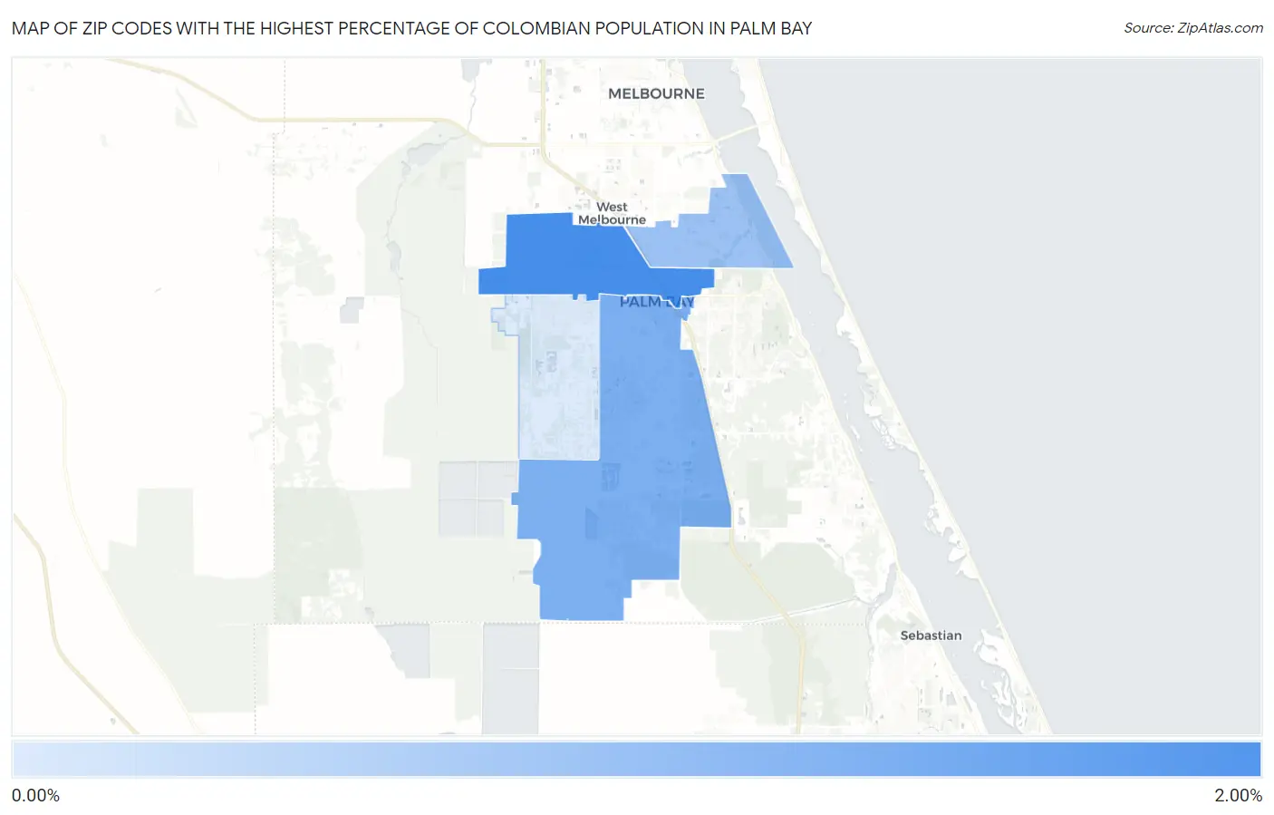 Zip Codes with the Highest Percentage of Colombian Population in Palm Bay Map