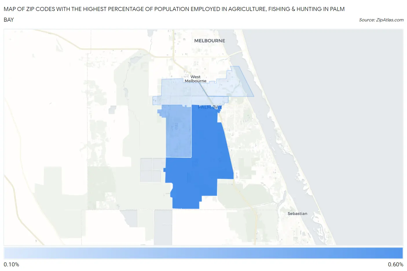 Zip Codes with the Highest Percentage of Population Employed in Agriculture, Fishing & Hunting in Palm Bay Map