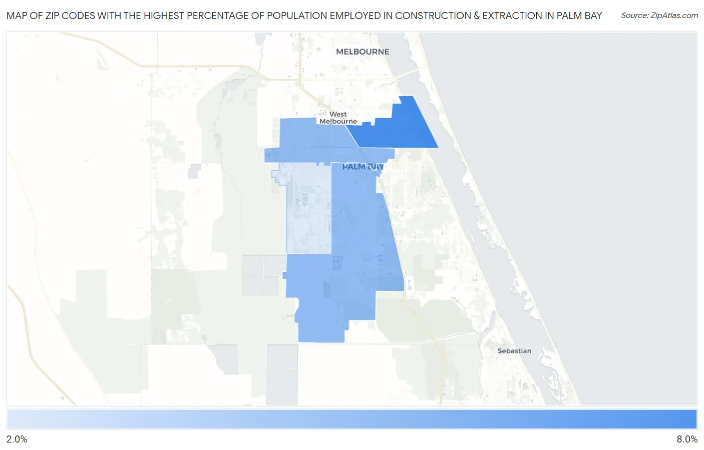 Zip Codes with the Highest Percentage of Population Employed in Construction & Extraction in Palm Bay Map