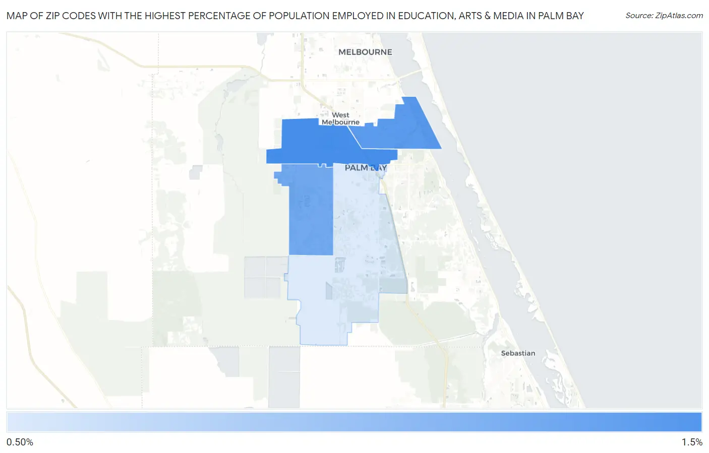 Zip Codes with the Highest Percentage of Population Employed in Education, Arts & Media in Palm Bay Map