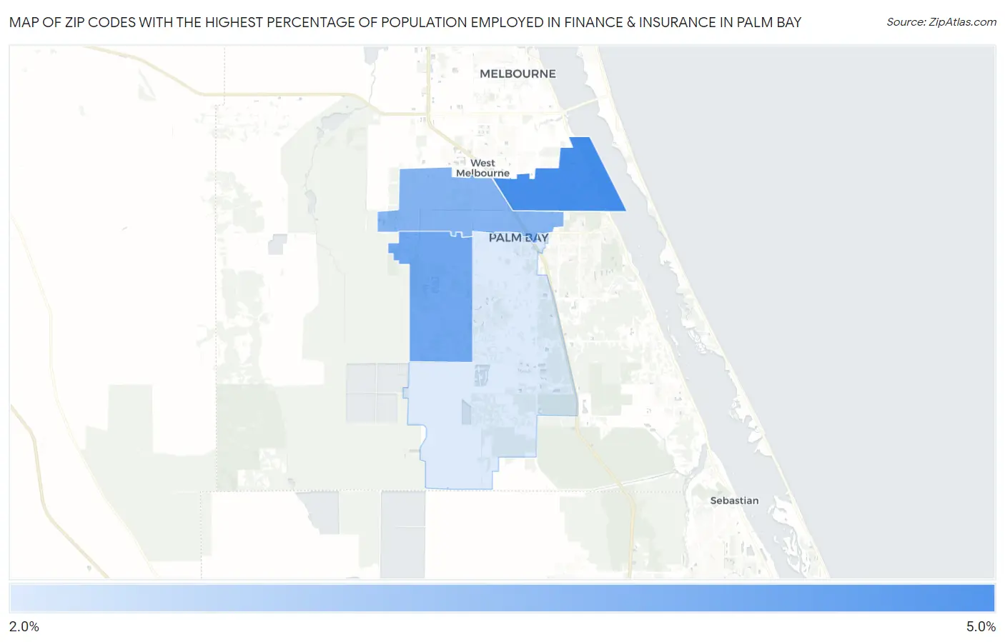 Zip Codes with the Highest Percentage of Population Employed in Finance & Insurance in Palm Bay Map