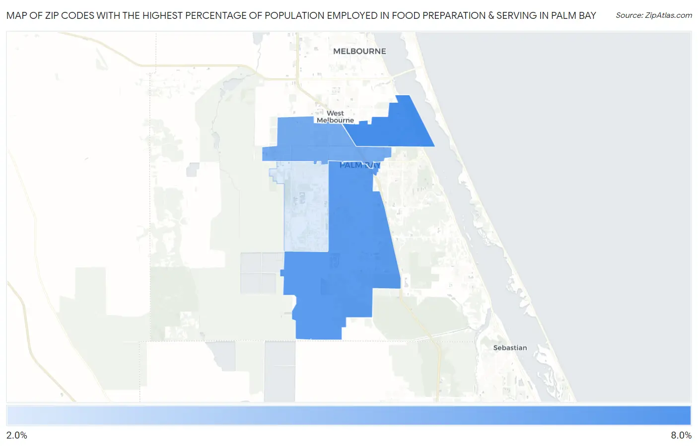 Zip Codes with the Highest Percentage of Population Employed in Food Preparation & Serving in Palm Bay Map