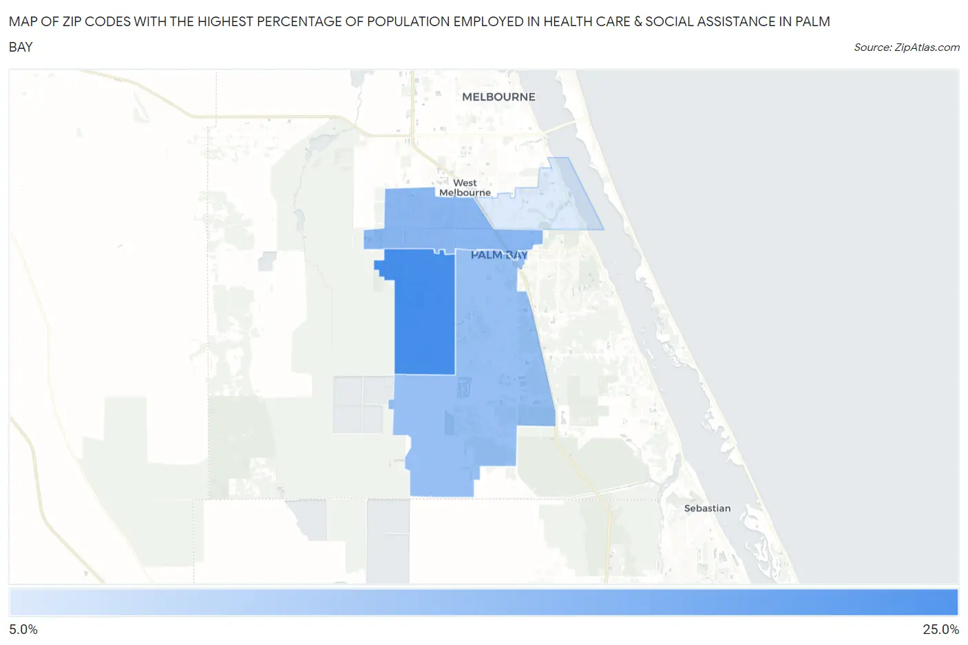 Zip Codes with the Highest Percentage of Population Employed in Health Care & Social Assistance in Palm Bay Map