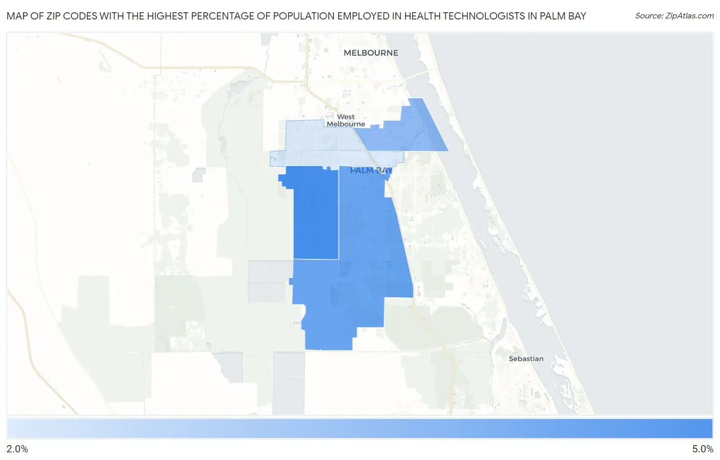Zip Codes with the Highest Percentage of Population Employed in Health Technologists in Palm Bay Map