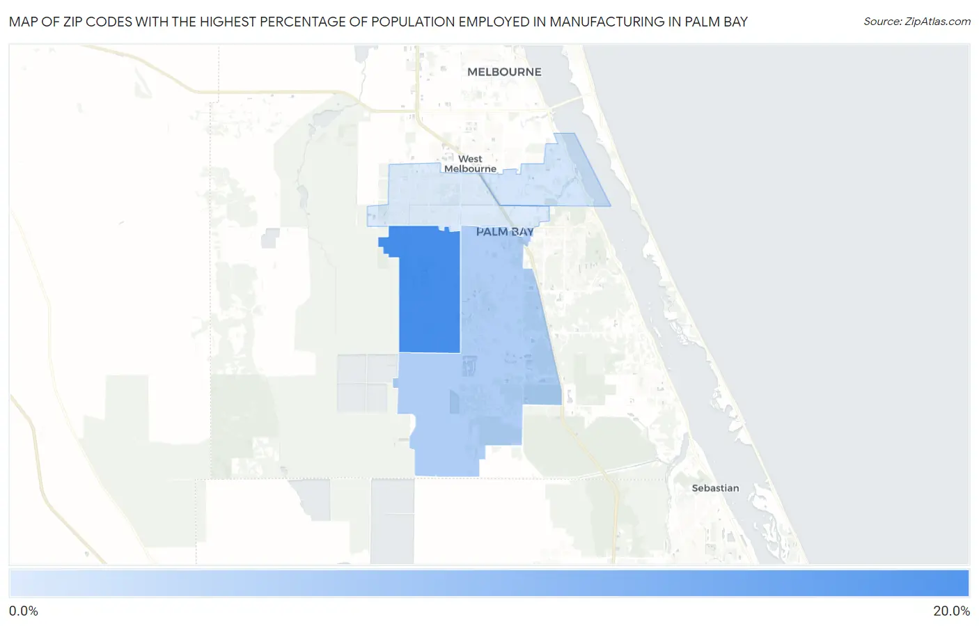 Zip Codes with the Highest Percentage of Population Employed in Manufacturing in Palm Bay Map