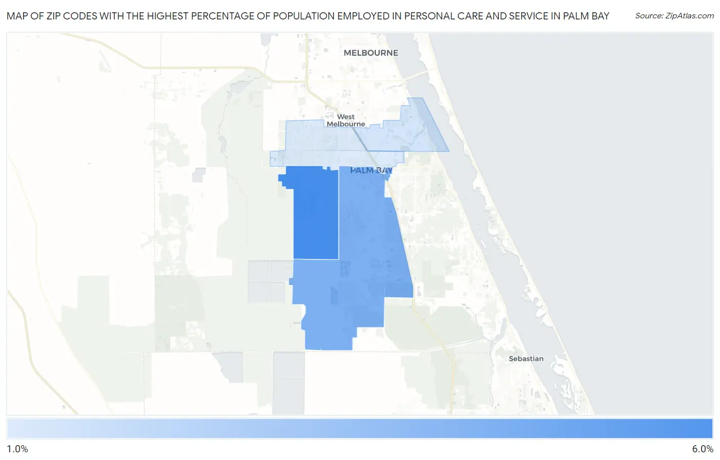 Zip Codes with the Highest Percentage of Population Employed in Personal Care and Service in Palm Bay Map