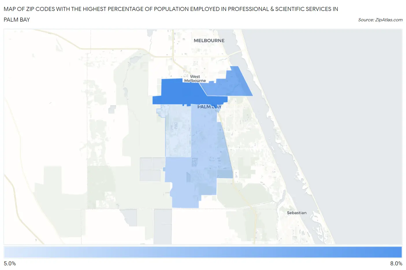 Zip Codes with the Highest Percentage of Population Employed in Professional & Scientific Services in Palm Bay Map