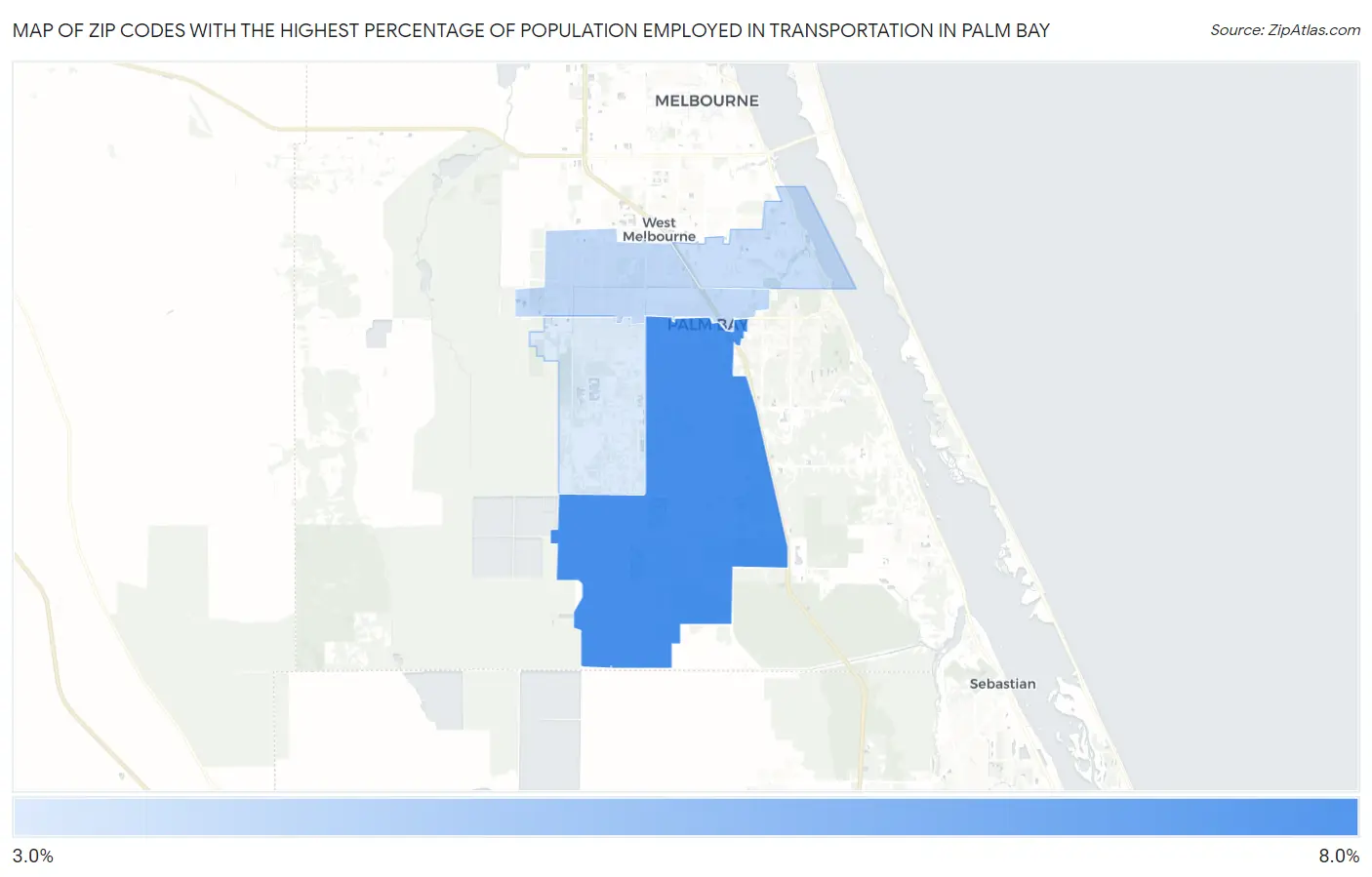 Zip Codes with the Highest Percentage of Population Employed in Transportation in Palm Bay Map