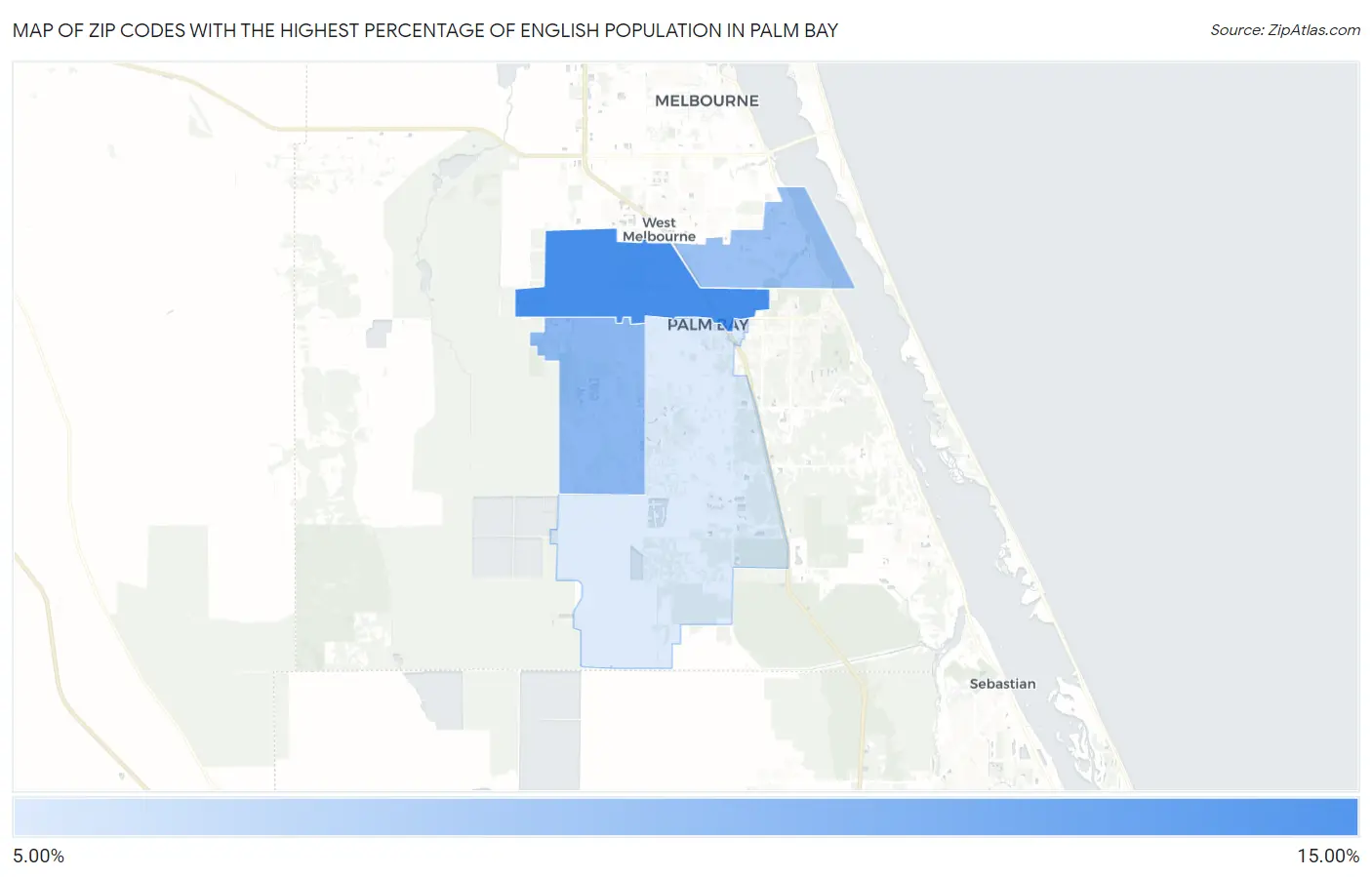 Zip Codes with the Highest Percentage of English Population in Palm Bay Map