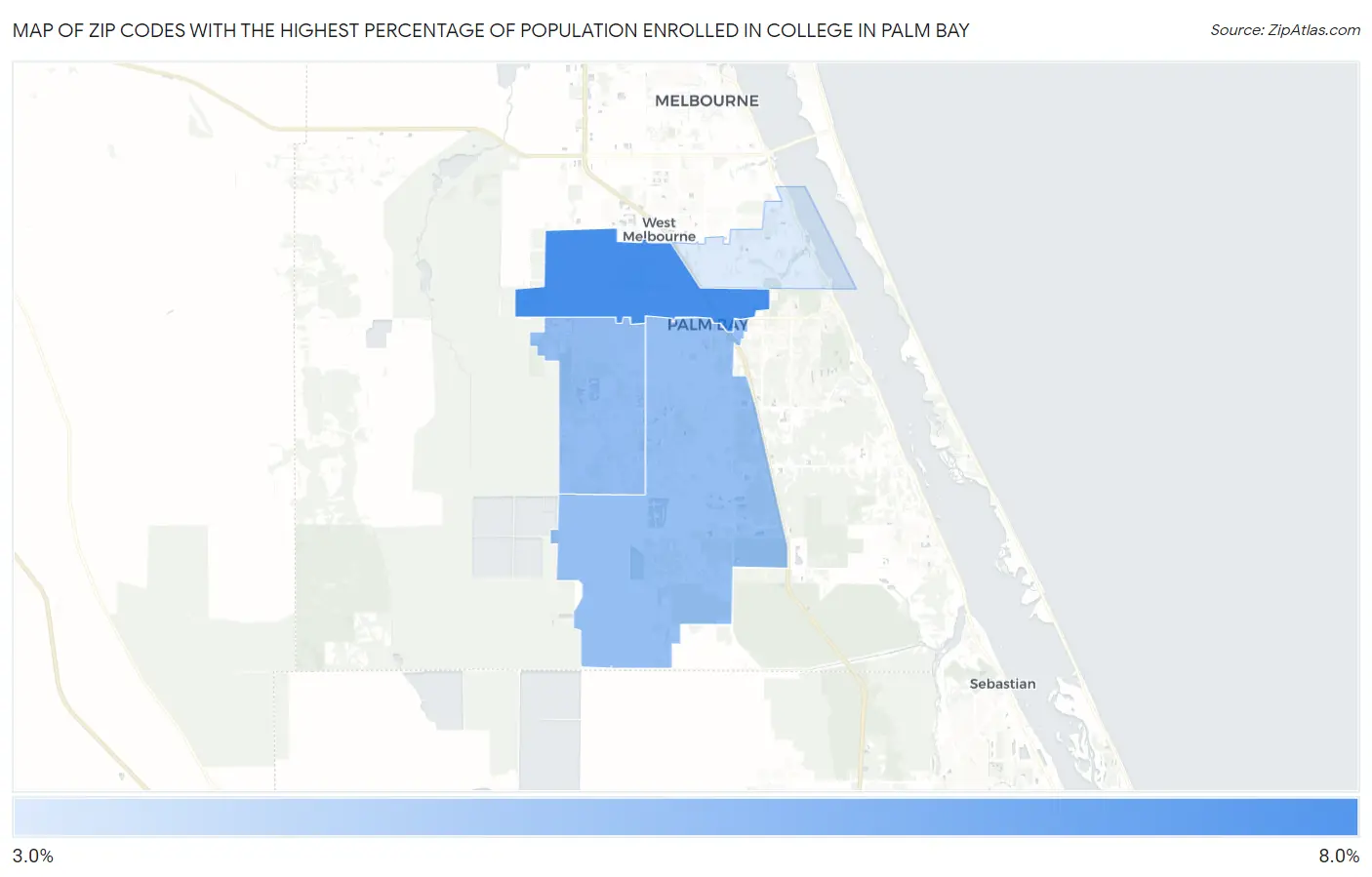 Zip Codes with the Highest Percentage of Population Enrolled in College in Palm Bay Map