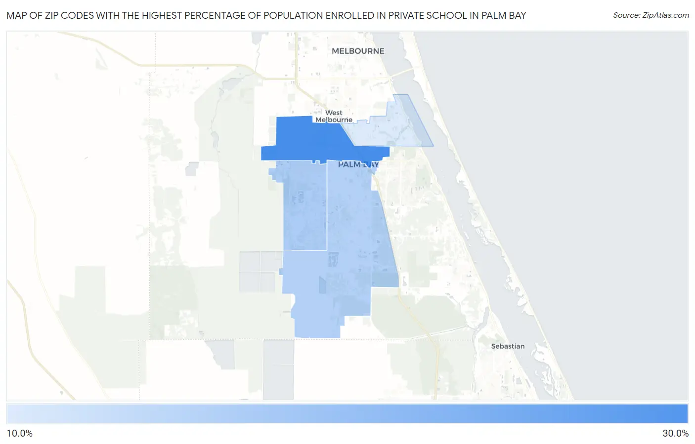 Zip Codes with the Highest Percentage of Population Enrolled in Private School in Palm Bay Map